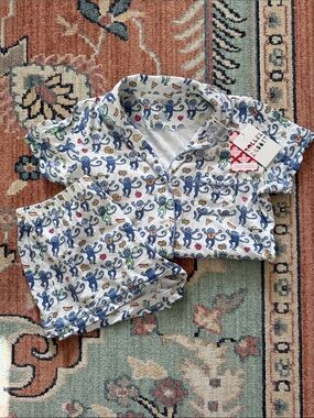 Roller Rabbit White Short Pajama Set with Multicolor Monkey Print